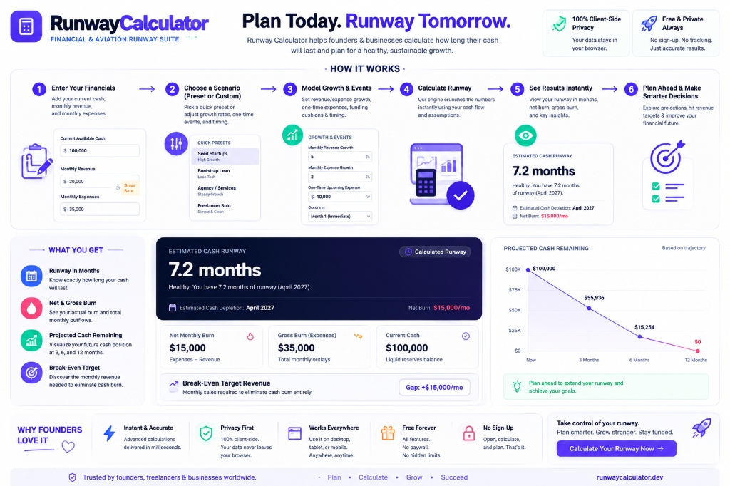 How Runway Calculator Works: 6-step visual guide to calculate startup cash runway, net burn rate, and cash depletion dates